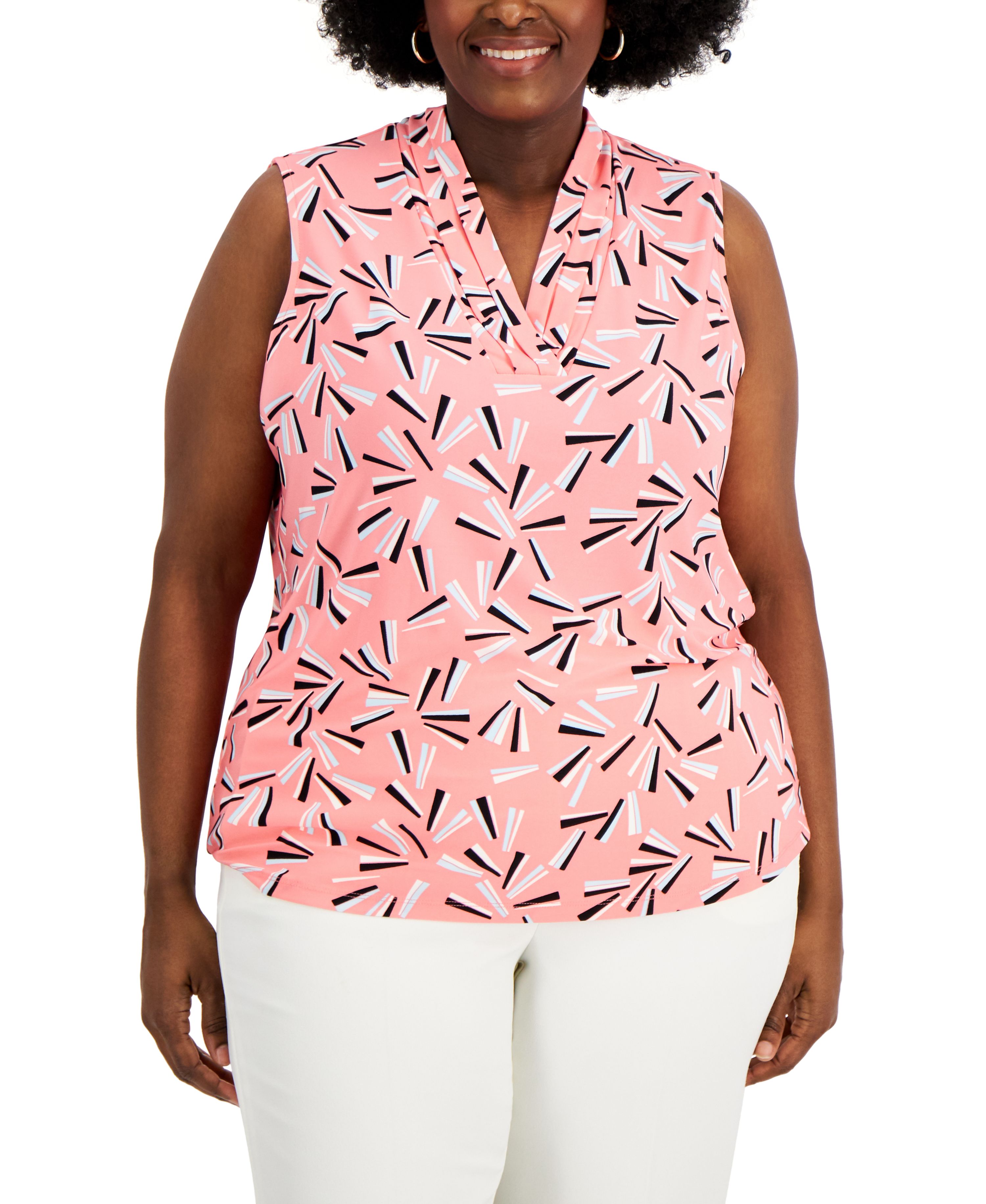 Plus Size Pleated Neck Top Rose Apple Combo 3X